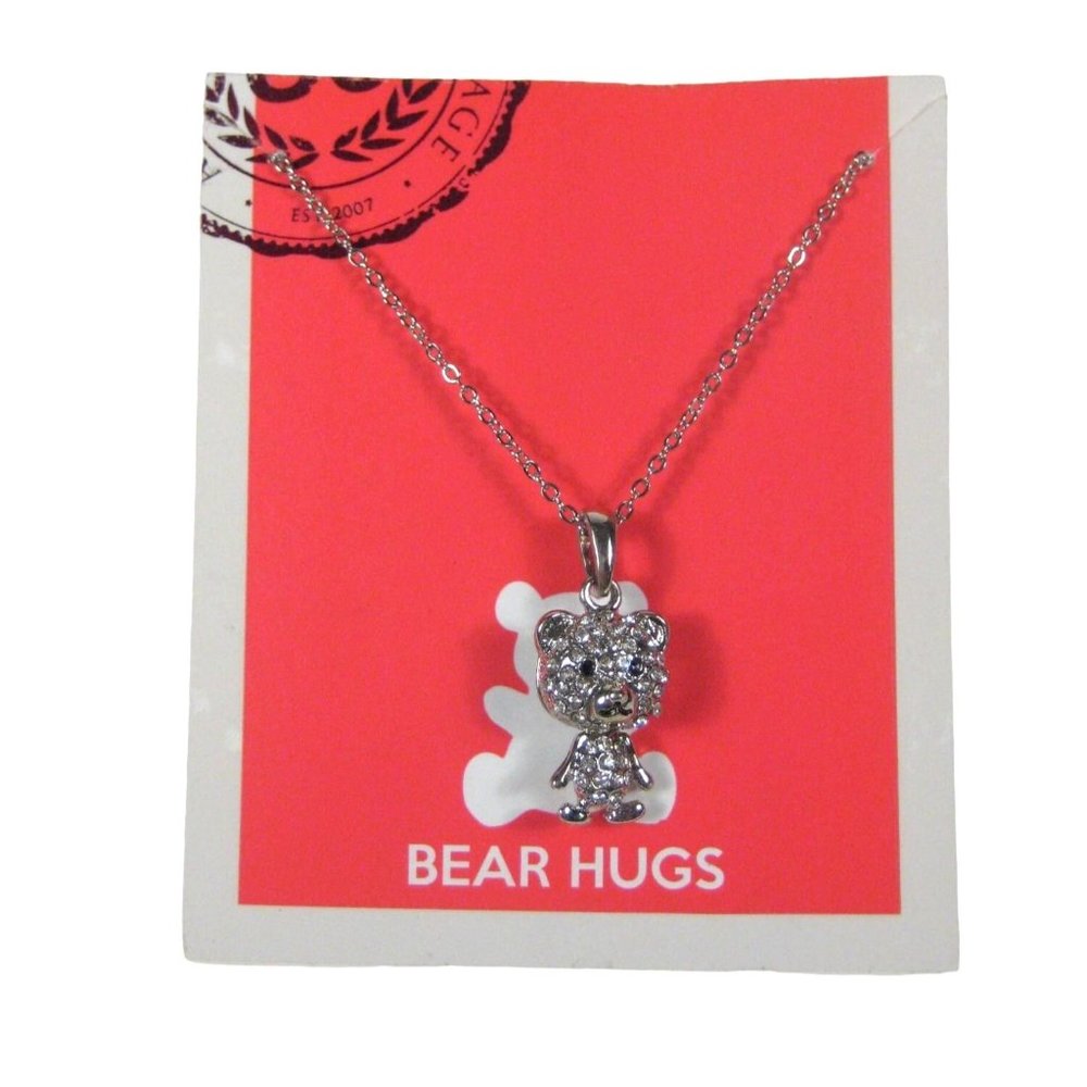 Bear Hugs Teddy Pendant Silvertone Chain Necklace 18 Inch Rhinestones Jewelry